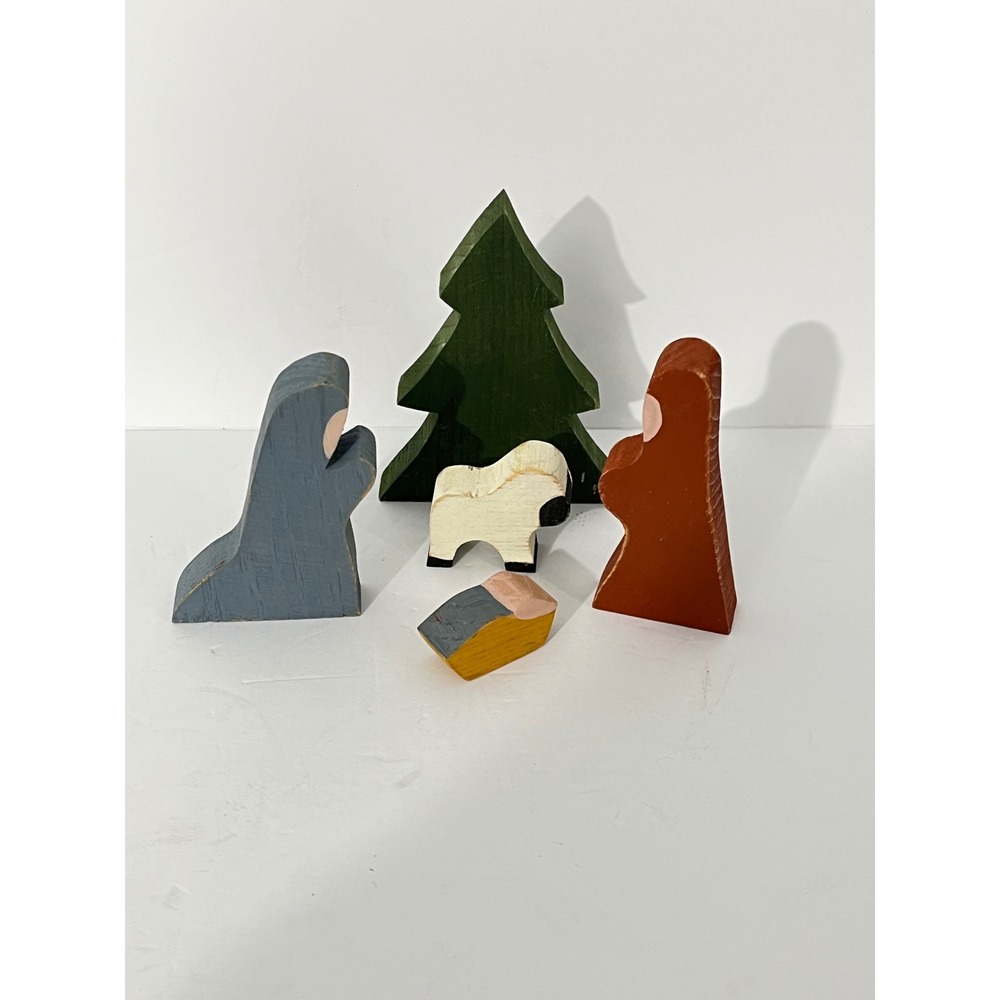 Nativity Set Multicolor Primitive Vintage Wood 5pc Decor